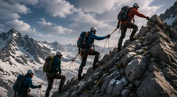 Climbers ascending a rocky ridge roped together — the Ascent phase of leadership development