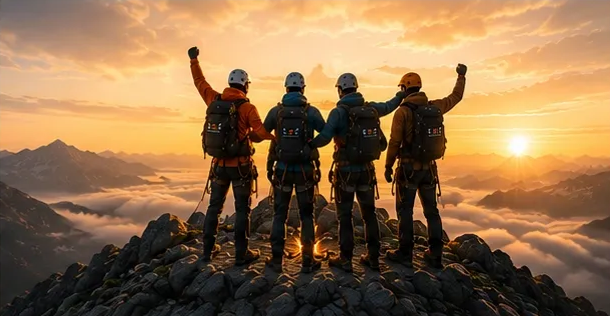 Four climbers celebrating at the summit at golden hour — the Summit phase of leadership development
